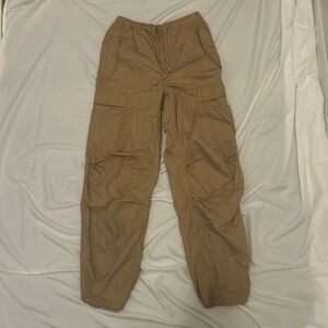 Aritzia Tan Cargo Pants with Relaxed Fit, Tie Waistband and Adjustable Ankles
